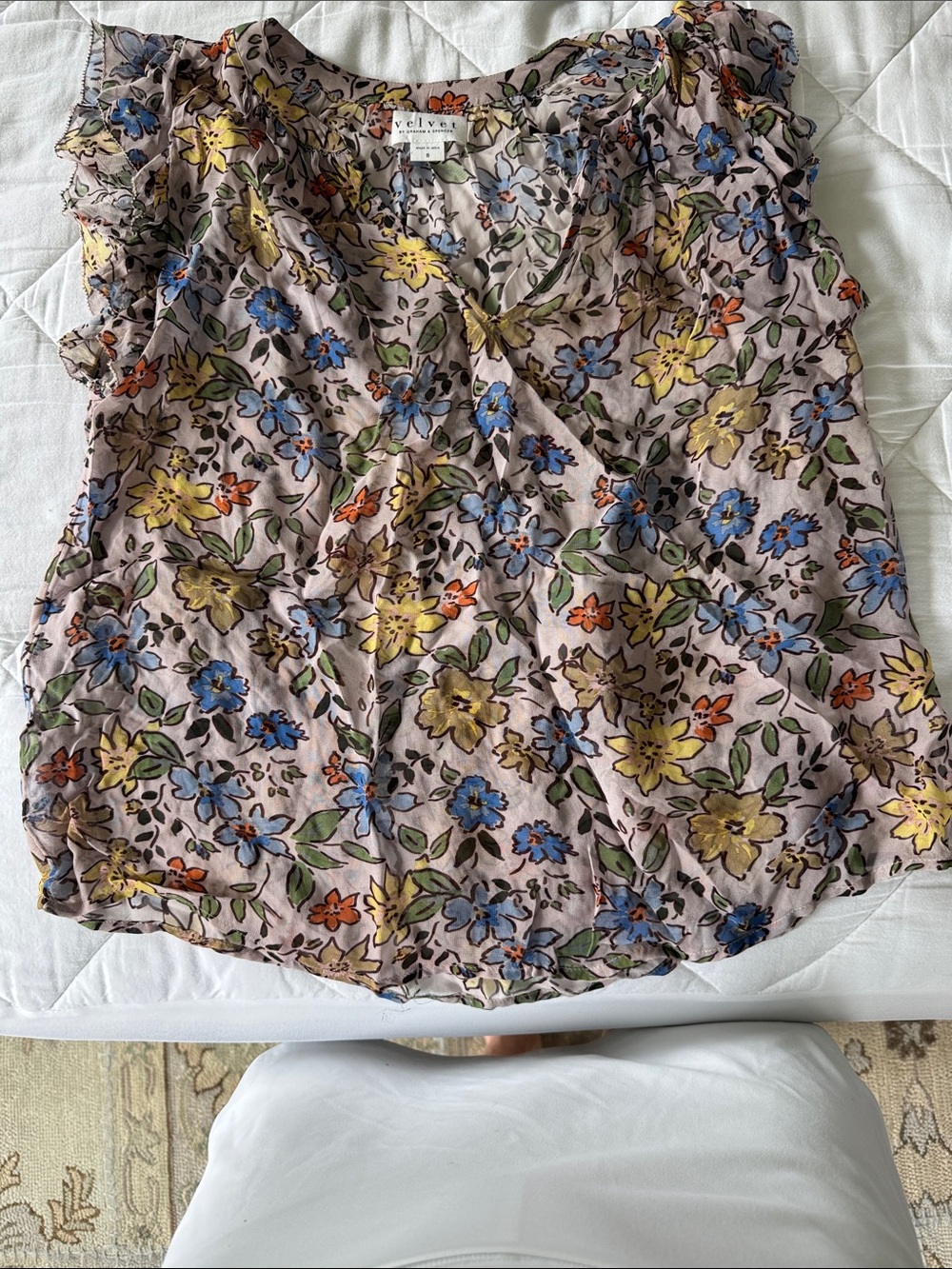 Velvet by Graham & Spencer Taupe Floral Ruffle V-Neck  sheer Blouse